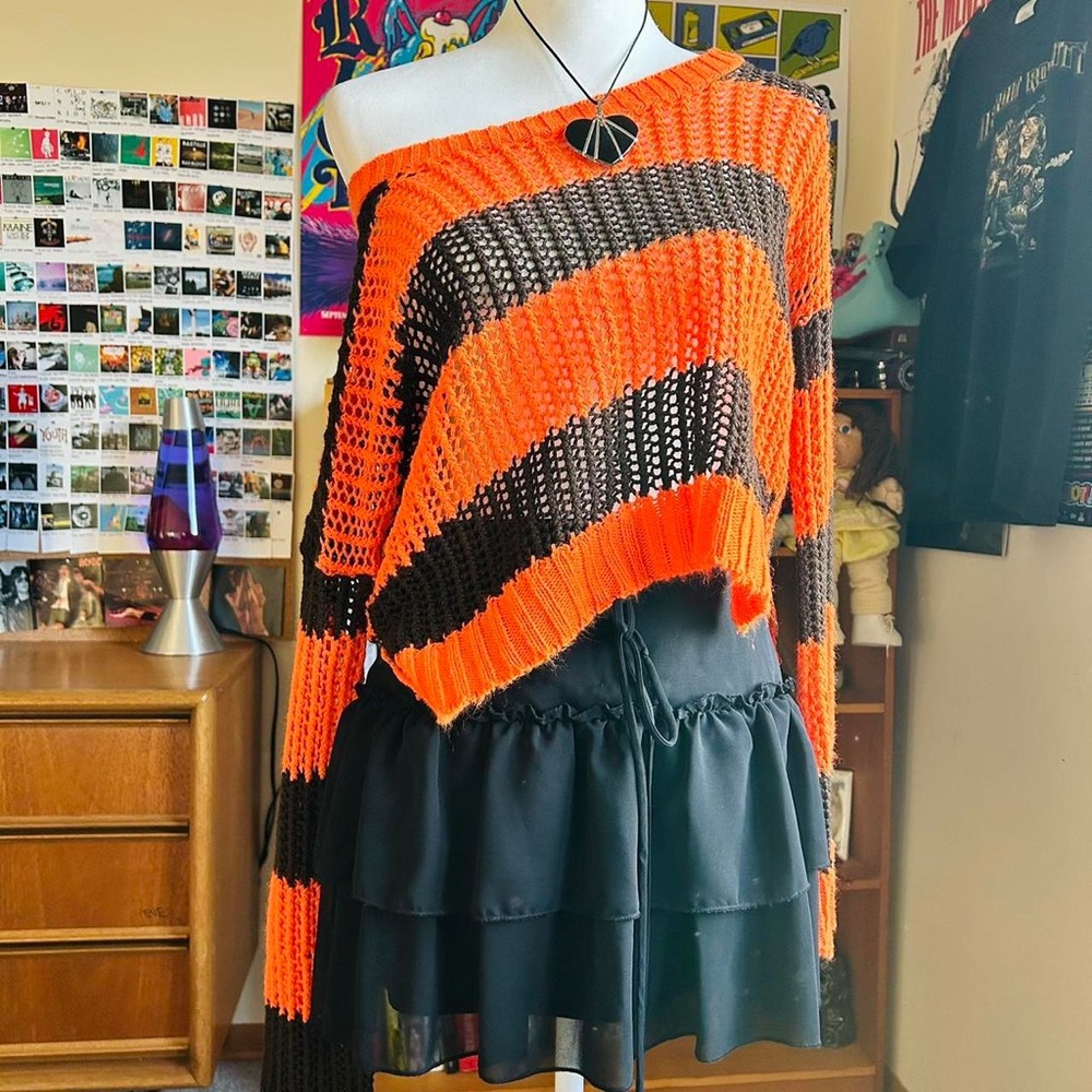 Orange and Black Striped Crochet Off-Shoulder Sweater